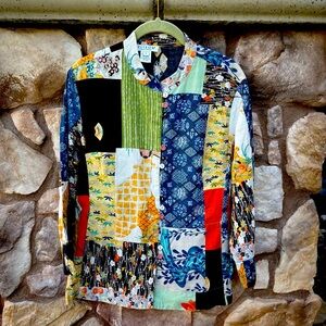 Citron Santa Blouse Patchwork Linen Silk Size Large Long Sleeve Boho Artsy